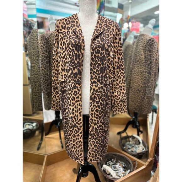 Zara Leopard Print Faux Suede Open Front Coat Tan Brown Longline Jacket, SMALL - Picture 1 of 5
